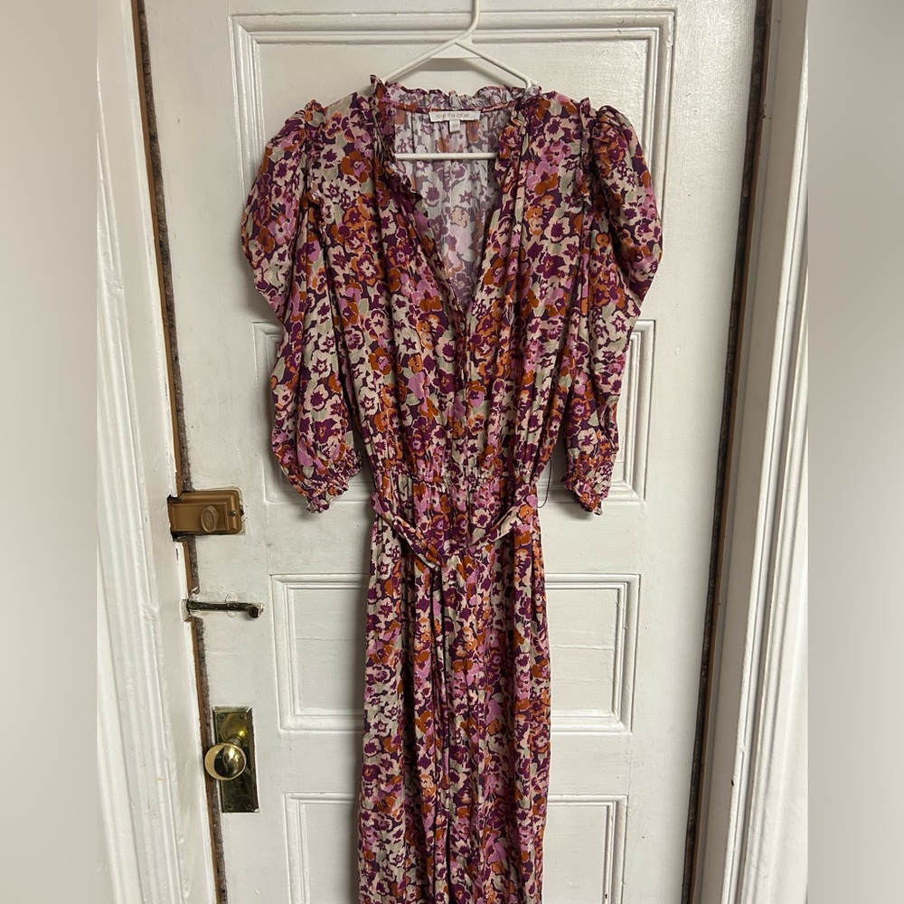 Floral V-Neck Puff-Sleeve Jumpsuit in Pink and Orange